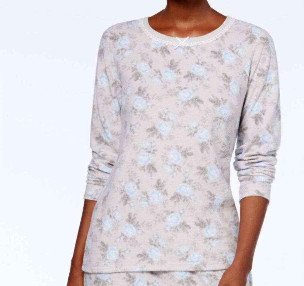 NEW CHARTER CLUB LUXURY women's thermal fleece pajama top in rose floral gray